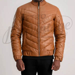 Veste matelassée en cuir marron pour homme, design chevron, coupe ajustée, col montant, en similicuir, chaude et rembourrée pour l'hiver - Product Image 3