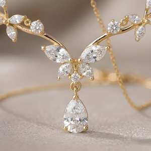 Collier pendentif en diamant taille poire en or jaune, motif floral en forme de vigne avec diamants marquise, collier de mariée de luxe pour femme, mariage - Product Image 4
