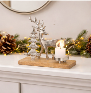 Handmade Silver Metal Reindeer And Tree Candle Holder With Natural Mango Wood Base Premium Christmas Tealight <b>Stand</b> For Home - Product Image 3