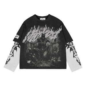 เสื้อยืดโอเวอร์ไซส์แขนยาวพิมพ์ลายตามสั่ง คุณภาพสูง ผ้าสองชั้น 100% คอตตอน โพลีเอสเตอร์/คอตตอน สไตล์สตรีทแวร์ ดีไซน์ทำเก่า - Product Image 1
