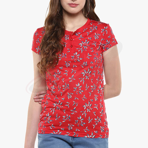 Camiseta de Manga Corta con Cuello en V y Estampado Floral Rojo para Mujer, Corte Regular Informal, 100% Algodón, Transpirable, Tejido de Punto, Top de Primavera/Verano - Product Image 4