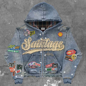 Sudadera con capucha de felpa francesa con efecto desgastado y lavado ácido, ecológica, para hombre, de corte oversize, con cremallera y bloques de color, con parches bordados personalizados, para otoño. - Product Image 4