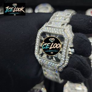 ICE LOOK นาฬิกาข้อมือควอตซ์สี่เหลี่ยมสแตนเลสสตีลสุดหรูสำหรับผู้ชาย 40 มม. หน้าปัดเรืองแสงแบบอะนาล็อก คริสตัลแซฟไฟร์ ตัวล็อคแบบพับได้ - Product Image 4