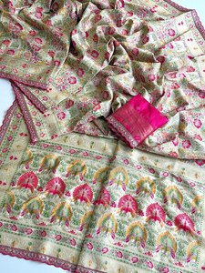 Sari en soie de Cachemire Pashmina Grace Royal, traditionnel, élégant, pour mariage, avec richement orné, et pièce de chemisier assortie, taille XL - Product Image 3