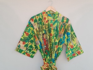 Bata tipo kimono con estampado floral amarillo, manga corta, cuello en V, cierre con cordón, ropa de dormir informal de verano - Product Image 2