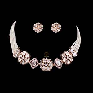 Yami Polki Pearl Choker Set-Gold Plated Designer Wedding Jewelry with Earrings - Product Image 4