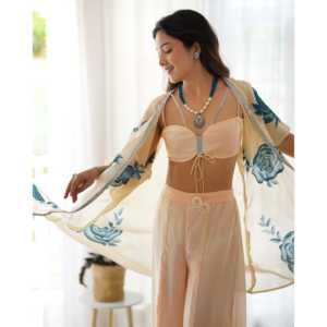 Ensemble Sharara Bohème Floral en Satin Ivoire pour Femme, Taille XS, avec Hauts à Manches Trois-Quarts Respirants - Product Image 2