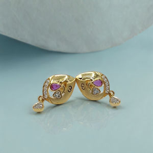 Élégantes boucles d'oreilles clous en or 22 carats avec accent diamant pierre rose et breloque goutte d'eau – Bijoux stylés pour femme - Product Image 3