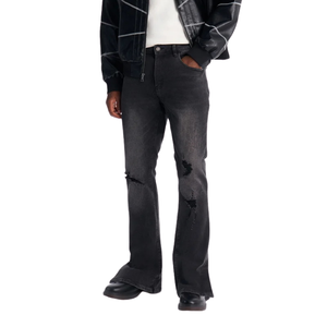 Jean cargo évasé noir délavé pour homme, coupe slim, déchiré aux genoux, style streetwear décontracté, avec poches utilitaires, tendance et mode - Product Image 1