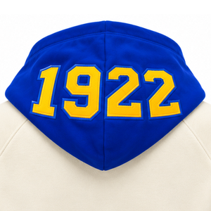 เสื้อฮู้ดดี้พรีพ ยูนิเซ็กส์ ปักลายตราสัญลักษณ์ 1922 แบบสวมหัว สีน้ำเงิน แต่งขอบสีทอง มีกระเป๋าจิงโจ้ สไตล์ลำลอง เสื้อผ้ากรีก - Product Image 5