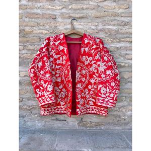 Luxury Boho Velvet Floral Embroidery Red Suzani <b>Jacket</b> <b>Women</b> Stand Collar Ethnic Style Handmade <b>Spring</b> Wear - Product Image 3