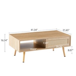 Tavolino da Salotto Moderno 105 cm con Porta Scorrevole e Vano Portaoggetti, Gambe in Legno Massello, Rattan Naturale - Tavolino da Caffè - Product Image 4