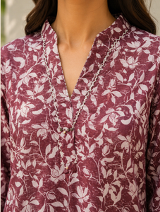 Kurti pour femmes, imprimé floral marron, col en V, manches longues, coupe droite, tunique ethnique longue, décontractée, élégante, confortable, à porter au quotidien - Product Image 3