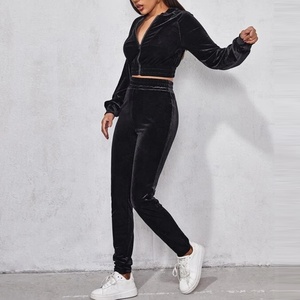 Vintage Street <b>Velvet</b> 2Pcs Set <b>Women</b> Tracksuit Sport Suit Fall Spring Casual Outfit Sexy Long Sleeve Crop <b>Top</b> Hoodie Pants - Product Image 6