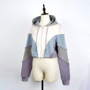 Women's Color Block <b>Cropped</b> <b>Zip</b> <b>Up</b> Hoodie Oversized Fleece Sweatshirt Casual Streetwear Long Sleeve Hooded Jacket - Product Image 5