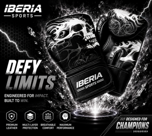Gants de boxe noirs IBERIA Premium, imprimé crâne blanc, gants d'entraînement en cuir PU, logo personnalisé, équipement sportif en gros OEM - Product Image 6