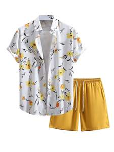 Conjunto de dos piezas con estampado de hojas tropicales para hombre, camisa de manga corta con botones y pantalones cortos con cintura elástica, conjunto ligero de playa para verano - Product Image 6
