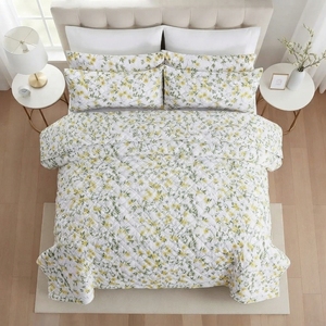Parure de lit florale jaune 3 pièces, motif losanges, en mélange de coton T-150, literie toutes saisons, usage domestique, style durable - Product Image 1