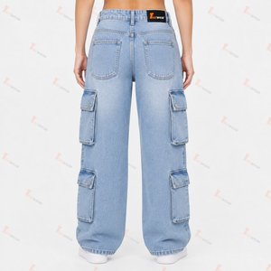 Fabricant de jeans cargo en denim pour femmes, pantalons cargo en denim à taille haute et jambes larges personnalisés pour femmes, style streetwear vintage délavé - Product Image 3