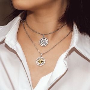 Collier pendentif boussole étoile du Nord de luxe pour hommes et femmes, breloque boussole en cristal sertie de pierres, plaqué or blanc 18 carats en acier inoxydable - Product Image 4