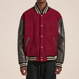 Men's Maroon Varsity <b>Jacket</b> With PU Sleeves Turn-down Collar Casual Autumn Wear Front Logo <b>Heat</b>-Transfer Printing - Product Image 3