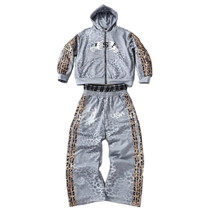 Ensemble de survêtement polaire personnalisé pour homme, imprimé léopard, avec sweat à capuche zippé et pantalon de jogging large, style streetwear, collection 2026 - Product Image 1