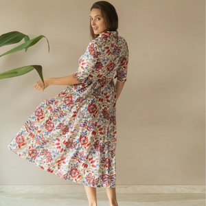 Robe à plusieurs niveaux imprimé fleuri solide pour femmes col tournant tissu tricoté impression numérique taille naturelle teint uni saison d'automne - Product Image 3