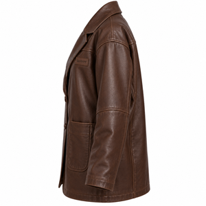 Oversized Brown Real Leather Blazer <b>Coat</b> Womens Loose Fit Drop Shoulder Lapel Two <b>Button</b> Patch Pocket Custom Supplier Offer - Product Image 4