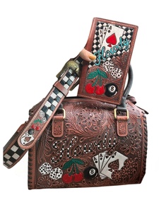 Howdy Western Leather <b>Satchel</b> With Checkerboard Strap And Poker Design <b>For</b> <b>Women</b> Vintage Handbag With Flap Closure Ready to ship - Product Image 3
