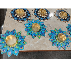 Exquisite Peacock Feather <b>Tealight</b> <b>Holder</b> - Decorative Blue Floral Diya for Indian Wedding Favors, Diwali & Luxury Home Decor - Product Image 2