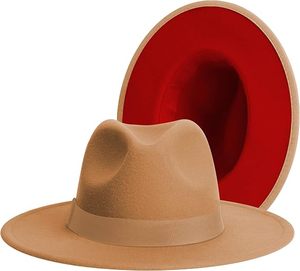 Chapeau Fedora unisexe en laine avec intérieur rouge, chapeau décontracté pour adultes, printemps-automne - Product Image 3