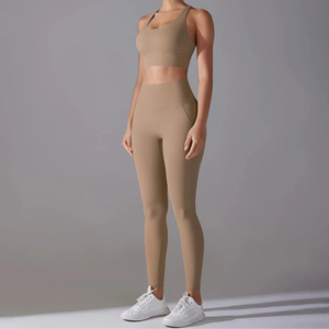 Women's <b>Seamless</b> 2-Piece Yoga <b>Set</b> High Waist Full Length <b>Leggings</b> Scoop Neck Racerback Crop <b>Top</b> Solid Color Activewear - Product Image 2