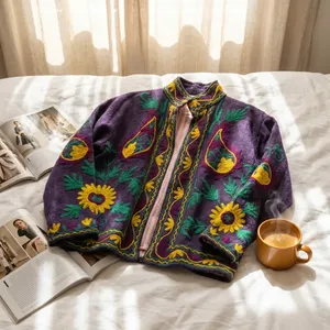 Chaqueta Floral Tejida Suzani para Mujer, Cuello Alto, 100% Algodón, Transpirable, Resistente al Viento, para Todas las Temporadas, Estilo Vacacional - Product Image 5