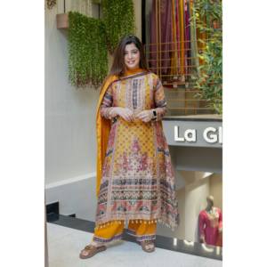 Salwar Kameez Rojo de Algodón de Diseño JD con Diseño Pintado a Mano para Fiestas, Hermoso Conjunto de Top, Pantalón y Dupatta - Product Image 4