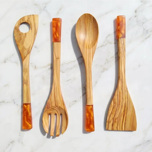 Ensemble d'ustensiles à salade en bois d'olivier avec manches en résine verte, cuillère, spatule et fourchette faits à la main, vaisselle écologique et lavable au lave-vaisselle - Product Image 2