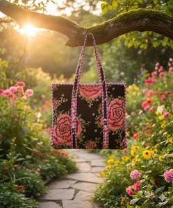 Le Souvenirs Sac de voyage et de shopping léger réversible en velours noir à motifs floraux, toutes saisons, style bohème vintage, 18 pouces, avec intérieur en toile - Product Image 2