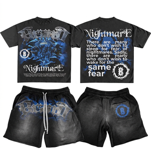 Conjunto de camiseta y pantalones cortos de algodón con lavado ácido para mujer, 240GSM, estampado gráfico vintage negro, logotipo personalizado, 100% algodón. - Product Image 4