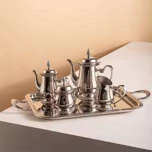 Ensemble de thé et de café de luxe en acier inoxydable plaqué argent avec plateau de service, théière arabe turque, ensemble de pot Dallah - Product Image 1