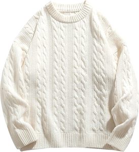 Men's Oversized Cream <b>Cable</b> <b>Knit</b> Pullover Crew Neck <b>Sweater</b> Regular Fit Casual Style Autumn Wear - Product Image 2