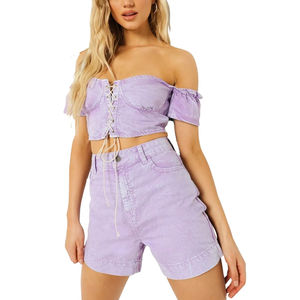 Ensemble 2 pièces pour femmes, haut sans manches uni respirant et short en jean taille haute, fabrication professionnelle - Product Image 6