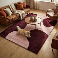 Tapis de luxe texturé en laine/soie tufté à la main |   Tapis d'intérieur design floral rouge beige |   Tapis antidérapant pour animaux de compagnie, fin, fait main, 1 pièce