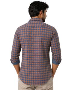 Chemise décontractée pour homme, coupe slim, manches longues, boutonnée, en coton, motif pied-de-poule marron et bleu, qualité supérieure, élégante. - Product Image 2