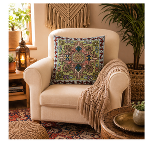Premium <b>Green</b> Square Kashmiri Aari Hand Embroidered cushion <b>cover</b> 16" Cotton pillow <b>cover</b> silk thread Cat design eco friendly - Product Image 4
