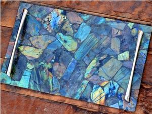 Plateau de service rectangulaire en labradorite naturelle polie, plateau de comptoir vintage en pierre artisanale avec résine époxy - Product Image 5