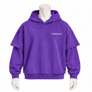 Purple Double Layer <b>Hoodie</b> Oversized <b>Short</b> <b>Sleeve</b> Overlay Long <b>Sleeve</b> Pullover Vintage Streetwear Loose Fit Hooded Sweatshirt - Product Image 1