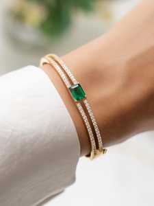 Emerald <b>Cuff</b> Bangle <b>Bracelet</b> 925 Sterling <b>Silver</b> 14K Gold Plated Gemstone Stacking Statement <b>Bracelet</b> Gift For Her - Product Image 5