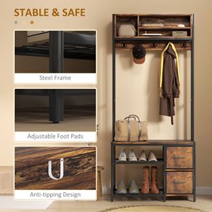 Panca da ingresso 5 in 1 con appendiabiti, 3 ripiani portaoggetti, 2 cassetti in tessuto - Mobile ingresso con contenitore per scarpe, marrone - Product Image 6