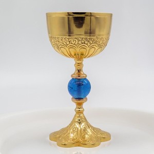 Elegant Brass <b>Goblet</b> With Blue Stone Base Embossed Design Round <b>Wine</b> Cup Handmade For Wedding Decorative Use - Product Image 4