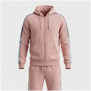 Ensemble de survêtement unisexe rose à blocs de couleur, manches longues, capuche, fermeture éclair sur le devant, poches latérales, tenue décontractée d'automne, coupe classique - Product Image 1