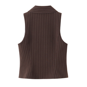 Chaleco informal con cremallera y cuello vuelto a rayas para mujer, color marrón, tela tejida - Product Image 2
